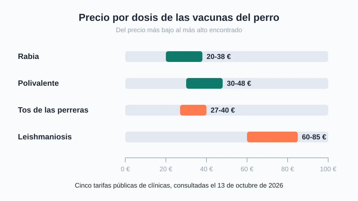 Gráfico de barras con la horquilla de precio por dosis de cuatro vacunas del perro: rabia de 20 a 38 euros, polivalente de 30 a 48, tos de las perreras de 27 a 40 y leishmaniosis de 60 a 85, según cinco tarifas públicas de clínicas consultadas el 13 de…